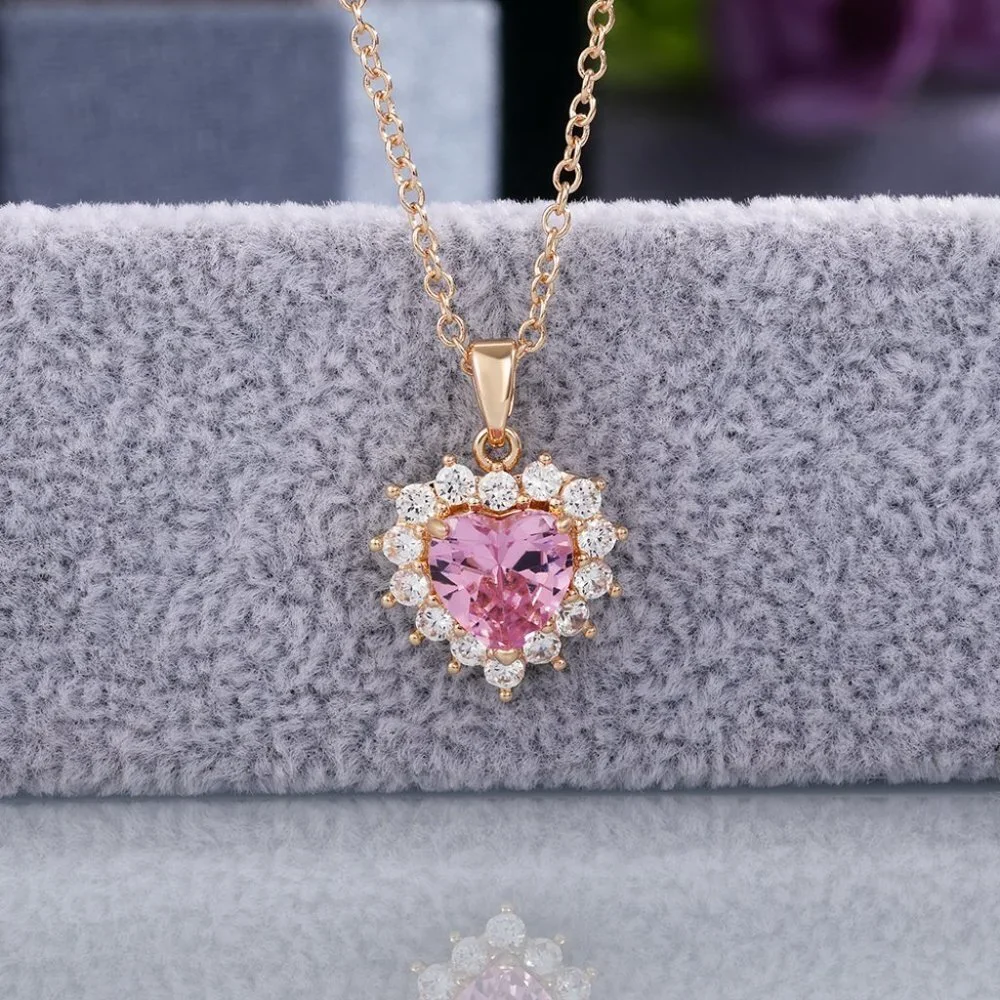 🎀Pink Diamond Heart Flower Rose Gold Plated CZ Heart Necklace, EVGG1106 - Picture 5 of 6